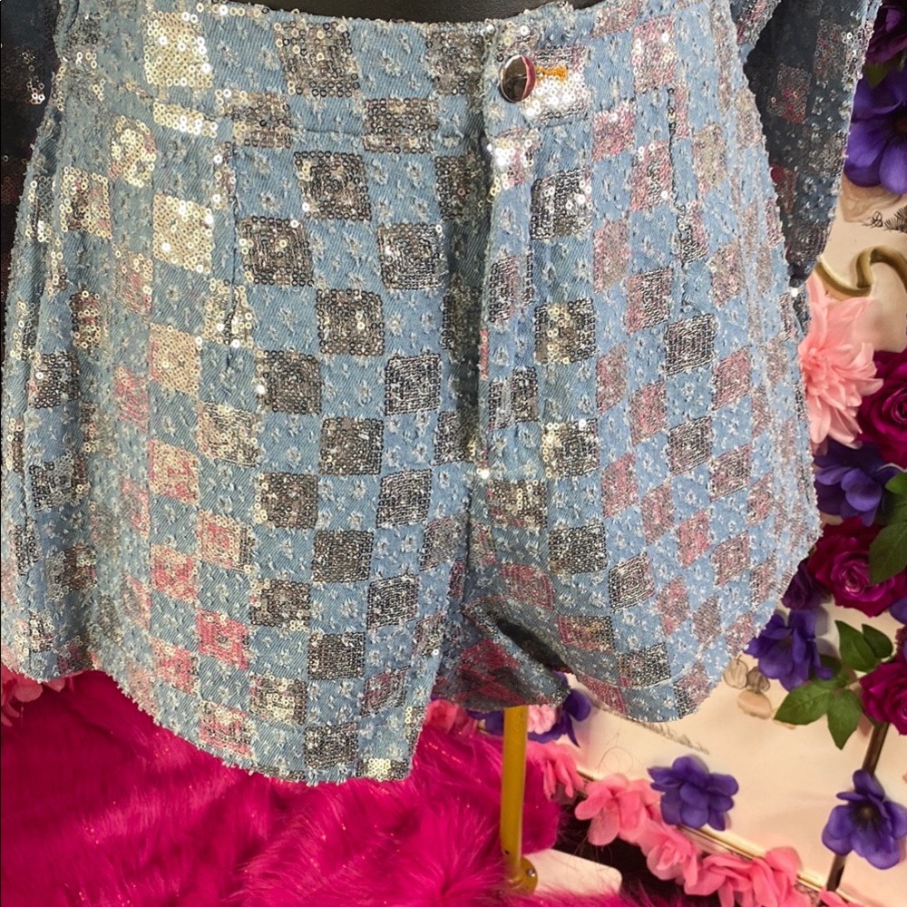 Sequin Checkerboard Denim Shorts – I SEE Y Q’outure Exclusive